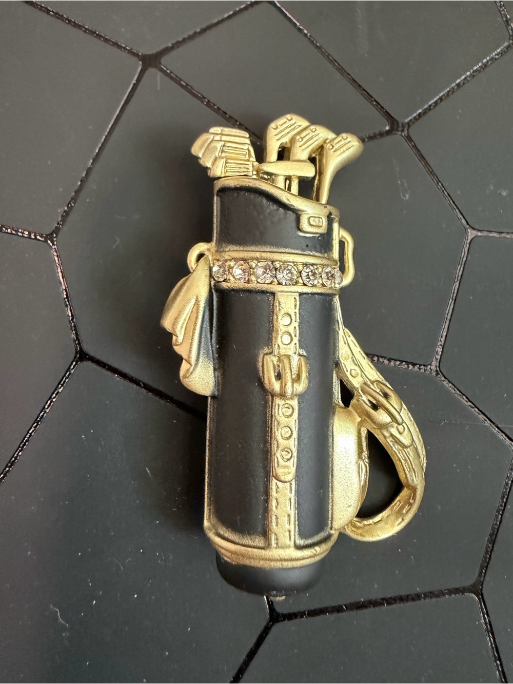 American Jewelry Chain Co Black, Gold Tone and Rhinestone Golf Brooch Vintage